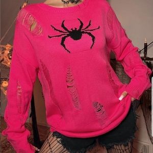 Pink Goth Distressed Spider Pattern Drop Sholder Sweater Size Large. New!